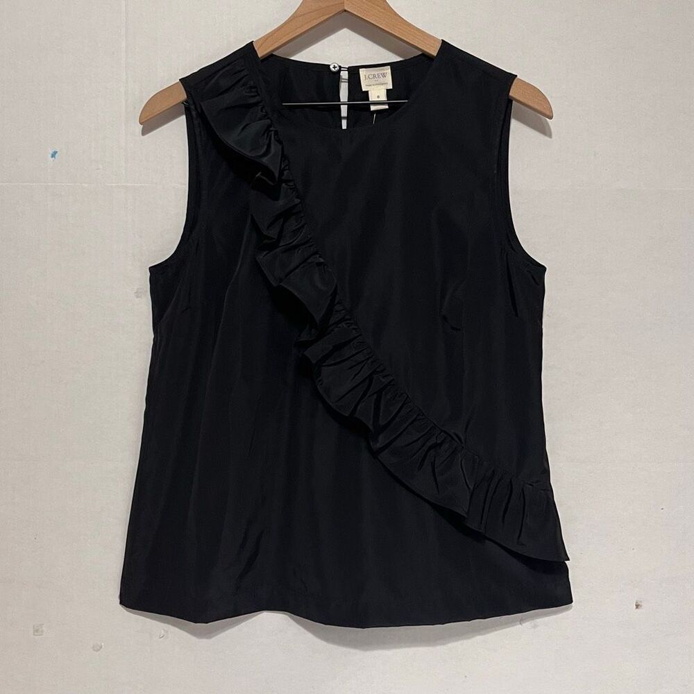 J Crew Black Diagonal Ruffle Sleeveless Top   Size 6   NWT